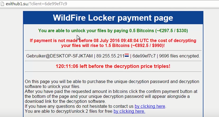 WildFire Locker Virus Payment