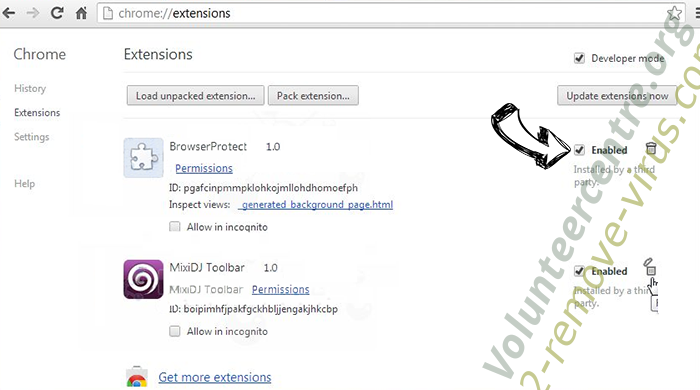 Volunteercentre.org Chrome extensions disable