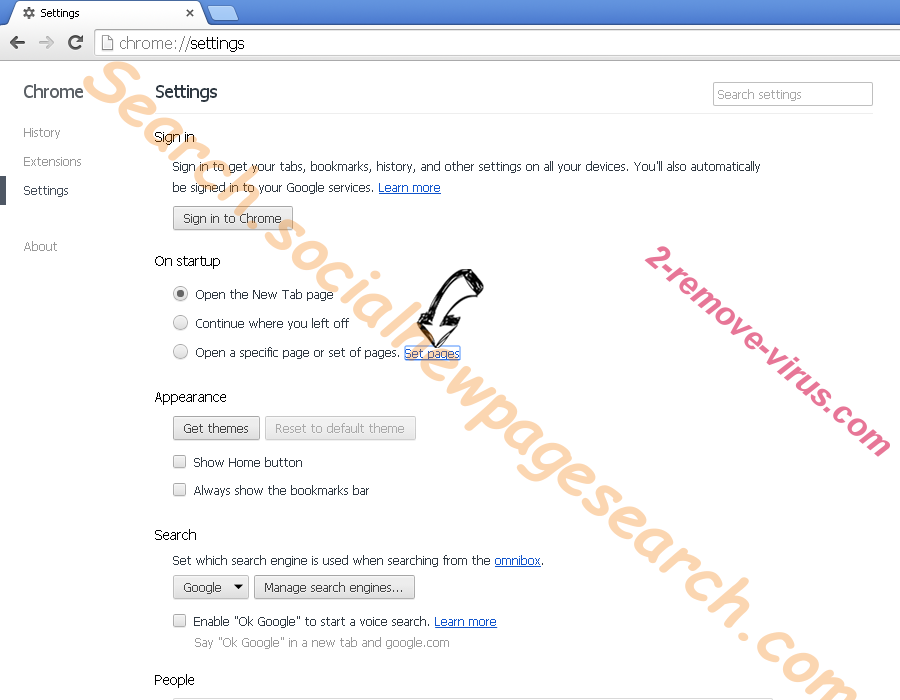 Search.socialnewpagesearch.com Chrome settings