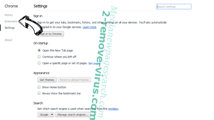 Medianewpagesearch.com Chrome settings