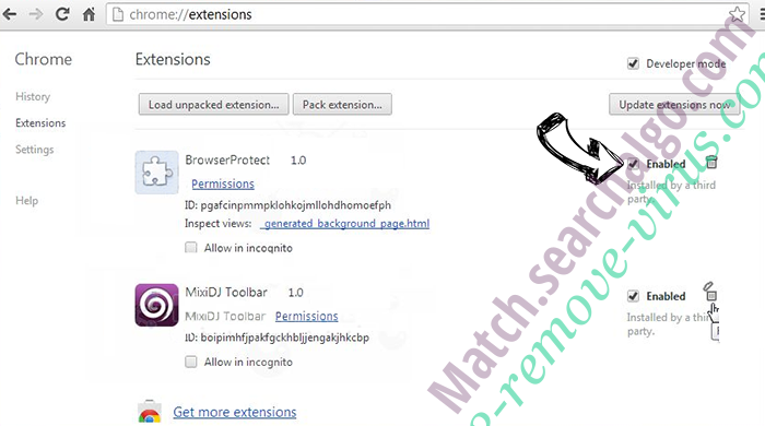 Match.searchalgo.com Chrome extensions disable