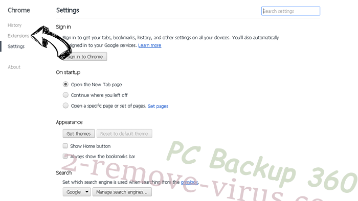 PC Backup 360 Chrome settings