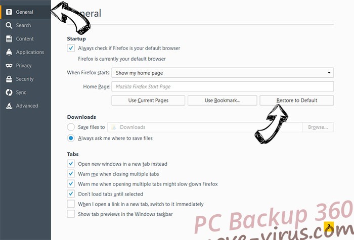 PC Backup 360 Firefox reset confirm