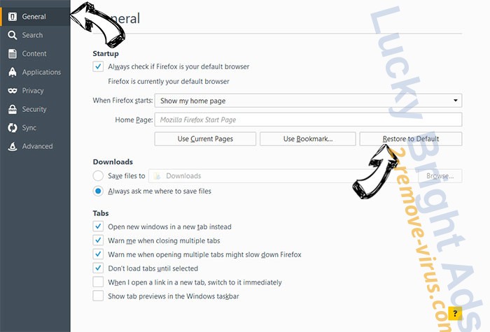 Lucky Bright Ads Firefox reset confirm