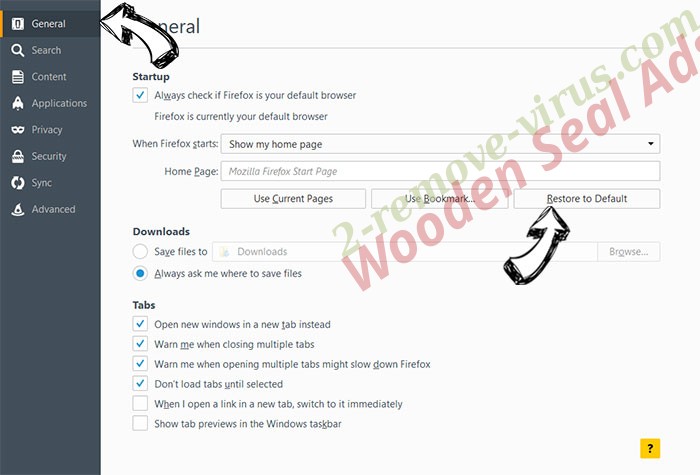 Wooden Seal Ads Firefox reset confirm