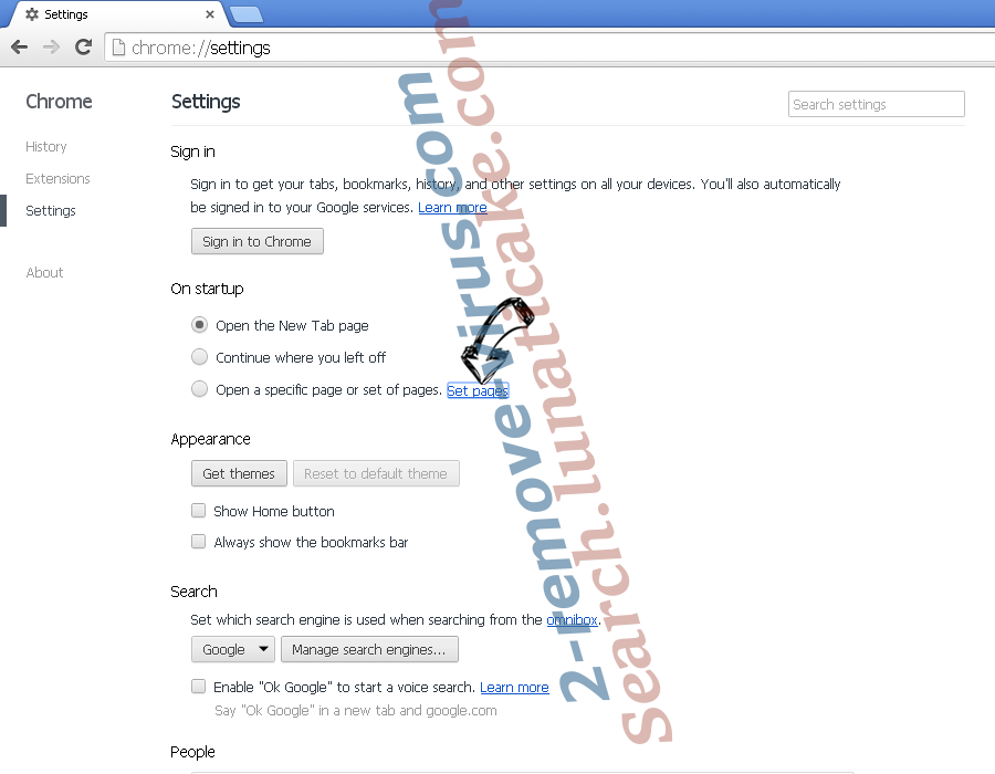 Search.lunaticake.com Chrome settings