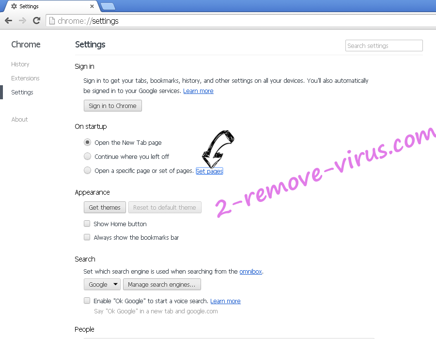 Rimuovere Websrch.co/search Chrome settings