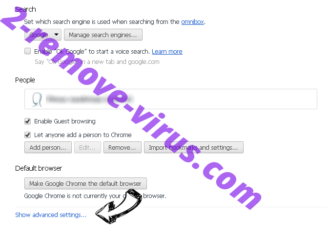 Rimuovere Websrch.co/search Chrome settings more