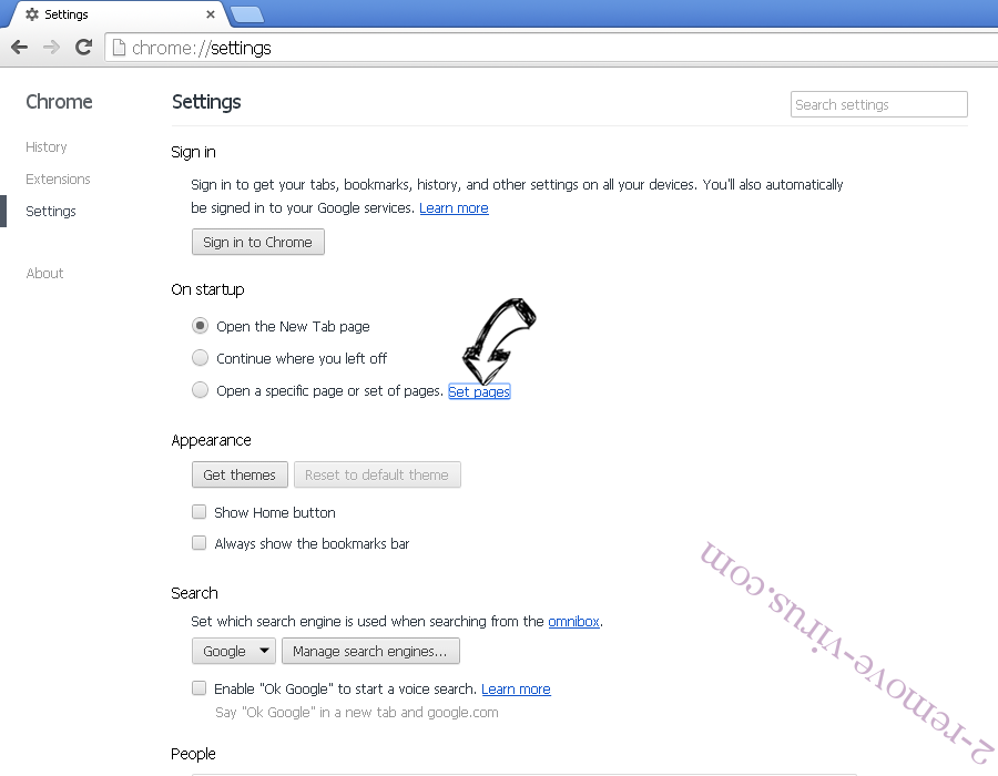 Saerch.net Redirect Virus Chrome settings