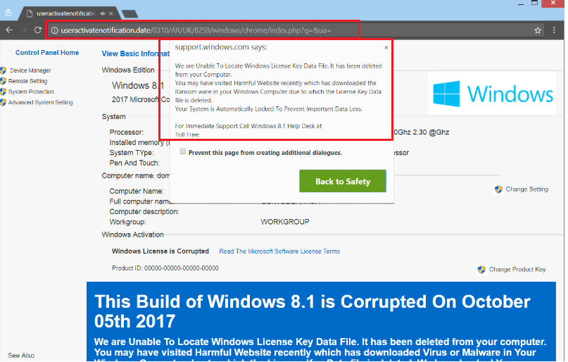 Unable to Locate Windows License Key virus