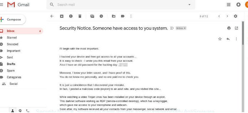 “Security notice. Someone have access to you system.” Email Virus Scam