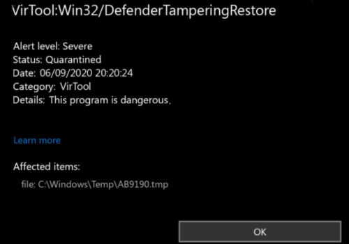 Remove VirTool:Win32/DefenderTamperingRestore
