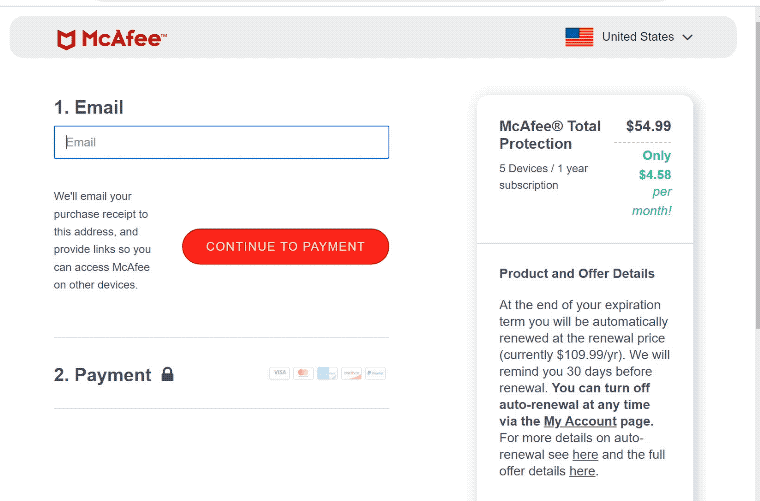McAfee scam page