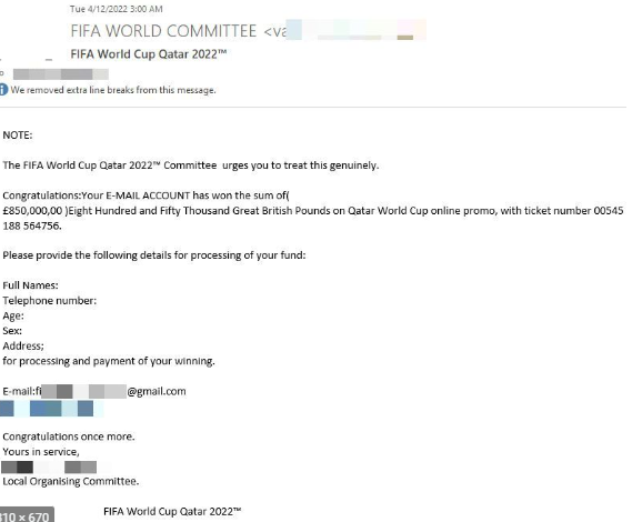 2022 FIFA Lottery Award Email Scam