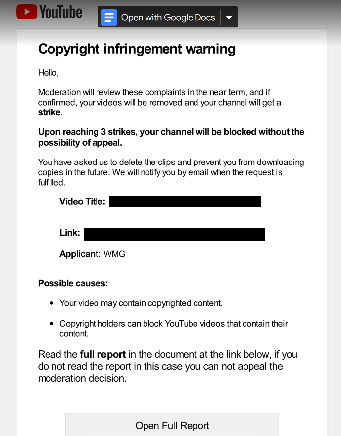 YouTube Copyright Infringement Warning email virus