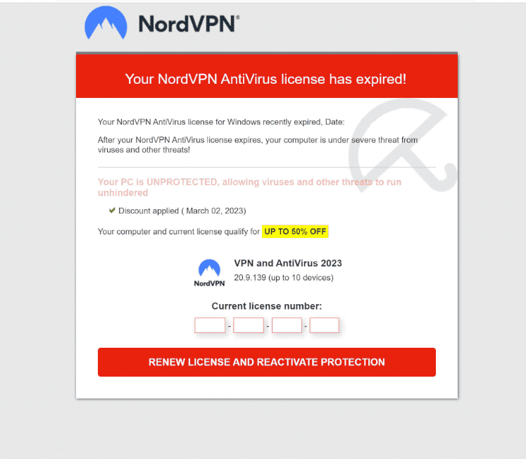 Your NordVPN AntiVirus License Has Expired! scam