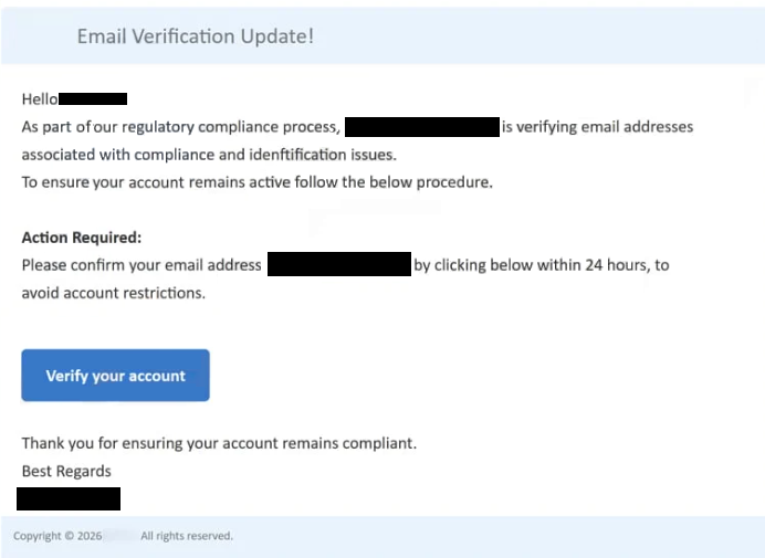 Удалите фишинговую почту Email Verification Update