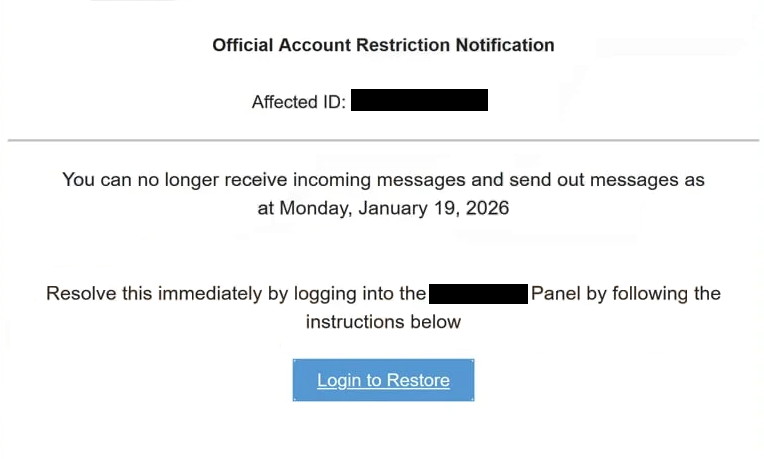 Удалить « Official account restriction notification » email