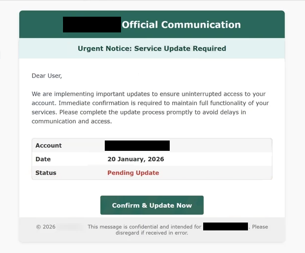 ” Urgent Notice – Service Update Required ” Oltalama e-postasını kaldır