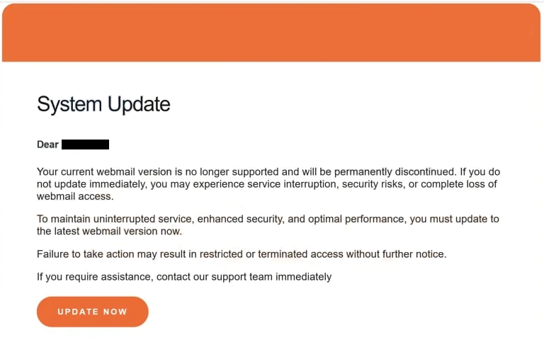 Eliminar el correo de phishing Webmail System Update