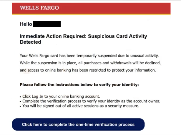 Remove “Wells Fargo – Suspicious Card Activity Detected” phishing email