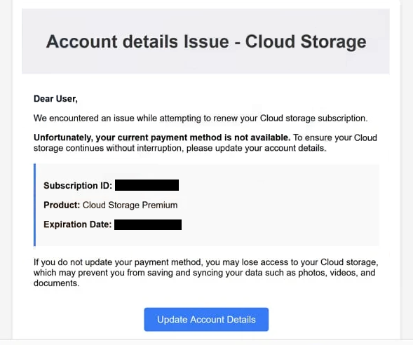 Remover e-mails de phishing Account Details Issue – Cloud Storage