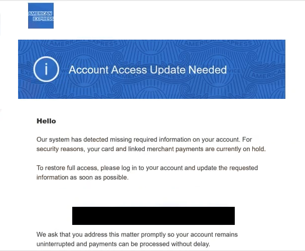Verwijder phishing-e-mail “American Express – Account Access Update Needed”