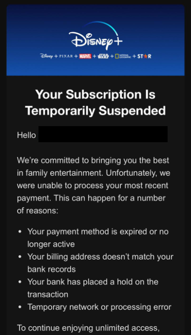 Verwijder Disney Plus ” Your Subscription Is Temporarily Suspended phishing-e-mail”