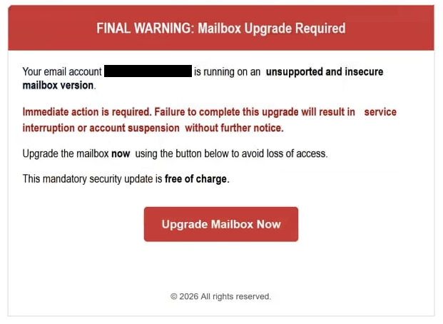 Rimuovi ” FINAL WARNING: Mailbox Upgrade Required ” email di phishing