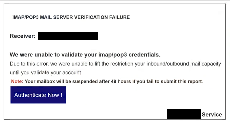 ” IMAP/POP3 mail server verification failure ” Oltalama e-postasını kaldır