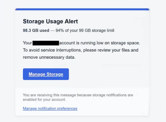 ” Storage usage alert ” Oltalama e-postasını kaldır