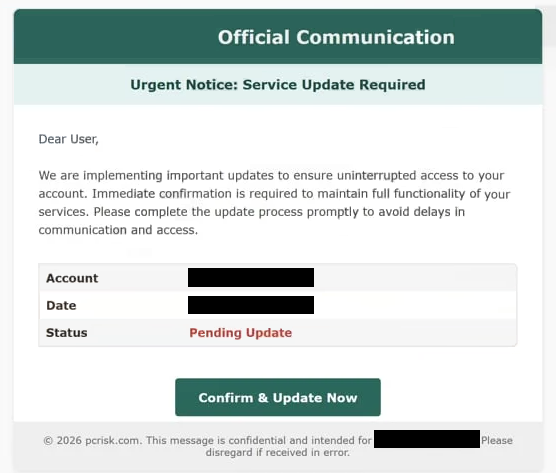 Remove “Urgent Notice: Service Update Required” phishing email
