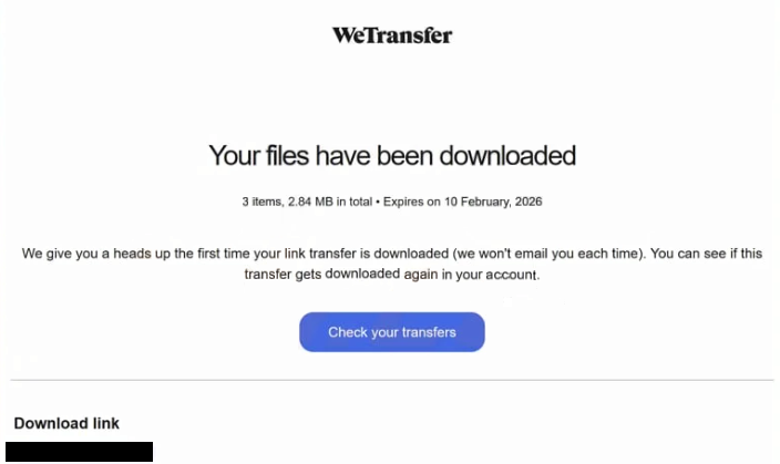 ” WeTransfer – Your Files Have Been Downloaded ” Oltalama e-postasını kaldır