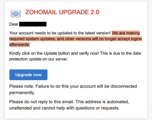 Remove “Zoho Mail Upgrade 2.0” phishing email