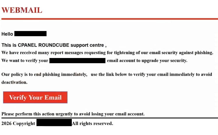 Rimuovi ” cPanel Roundcube – verify your email account to upgrade your security ” email di phishing