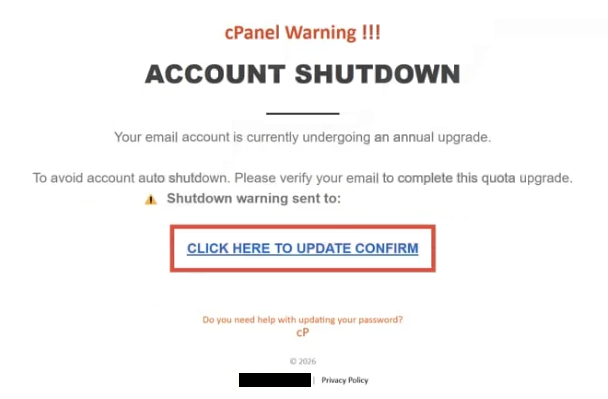 Rimuovi ” cPanel Warning Account Shutdown ” email di phishing