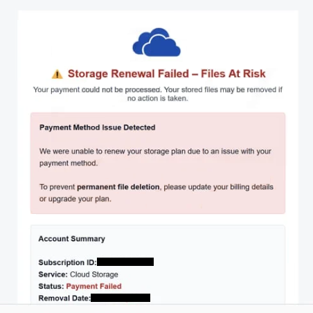 Supprimer les emails de phishing Cloud Storage Renewal Failed