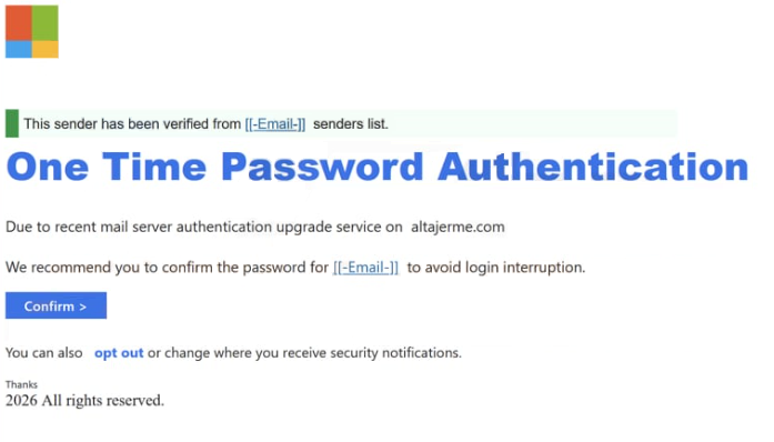 ” One Time Password Authentication ” Oltalama e-postasını kaldır