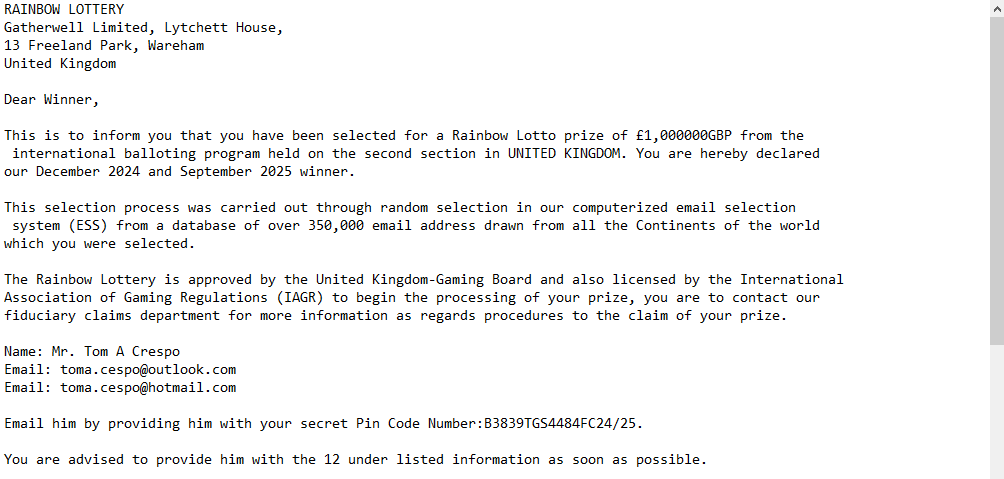 Remove “Rainbow Lottery” email scam