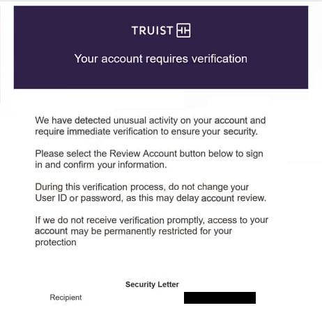 Eliminar el correo de phishing Truist – Your Account Requires Verification