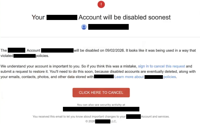 Remove “Your Account Will Be Disabled Soonest” phishing emails