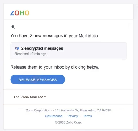 Supprimer l’arnaque de phishing Zoho – 2 new messages in your inbox