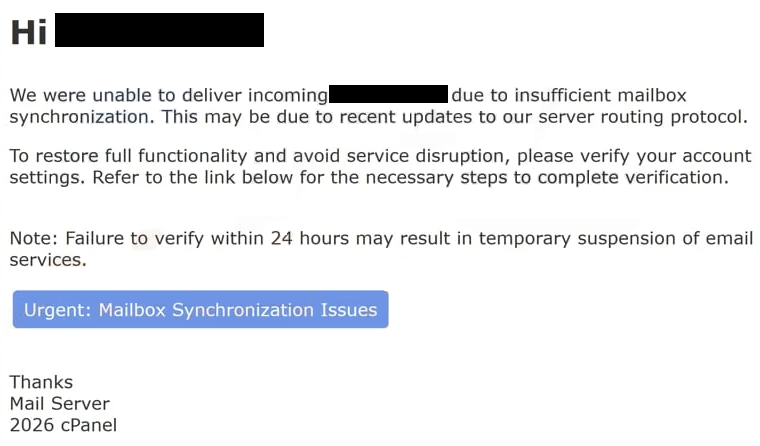 Remove “cPanel Insufficient Mailbox Synchronization” phishing email