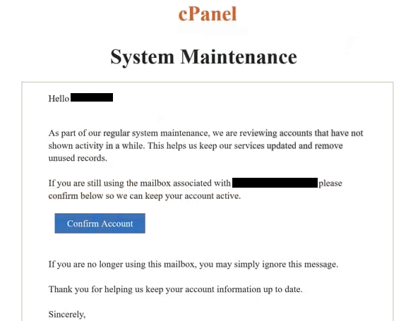 Remove “cPanel System Maintenance” phishing email