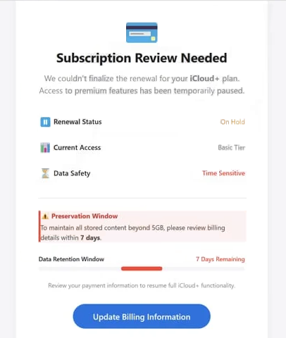 Remover e-mails de phishing iCloud Subscription Review Needed