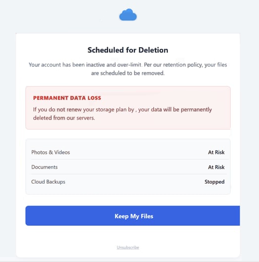 Удалите фишинговую почту Cloud — Scheduled for Deletion