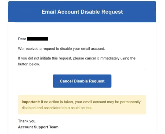 Supprimer les emails de phishing Email Account Disable Request