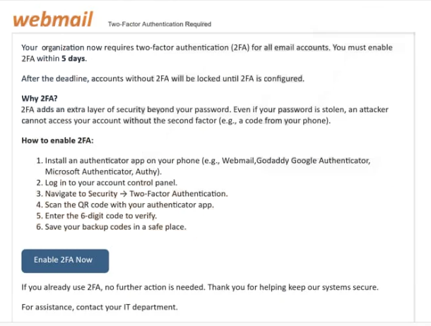 Remove “Webmail – Final Warning 2FA Authentication required” phishing email