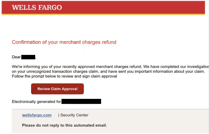 Eliminar el correo de phishing Wells Fargo – merchant charges refund