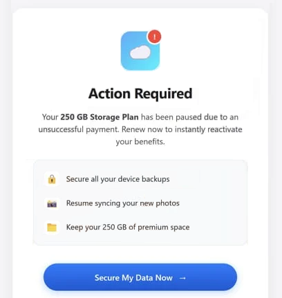 Verwijder ” Your 250 GB of Storage Plan has been paused ” phishing-e-mail